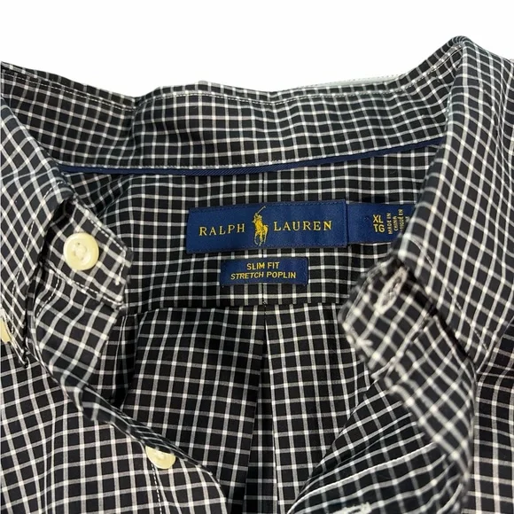 Ralph Lauren Slim Fit Button Down Shirt Men XLT Tall Black Check Logo - Picture 2 of 8